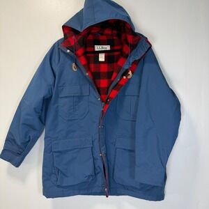VTG 90s LL Bean Baxter State Parka Women Large Blue Buffalo Plaid Wool Lined USA